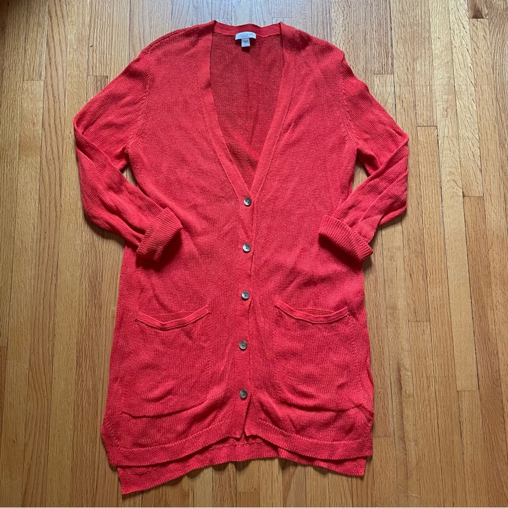 J Jill Cardigan Sweater Womens Small Orange Red Linen Blend Buttons 3/4 Sleeve